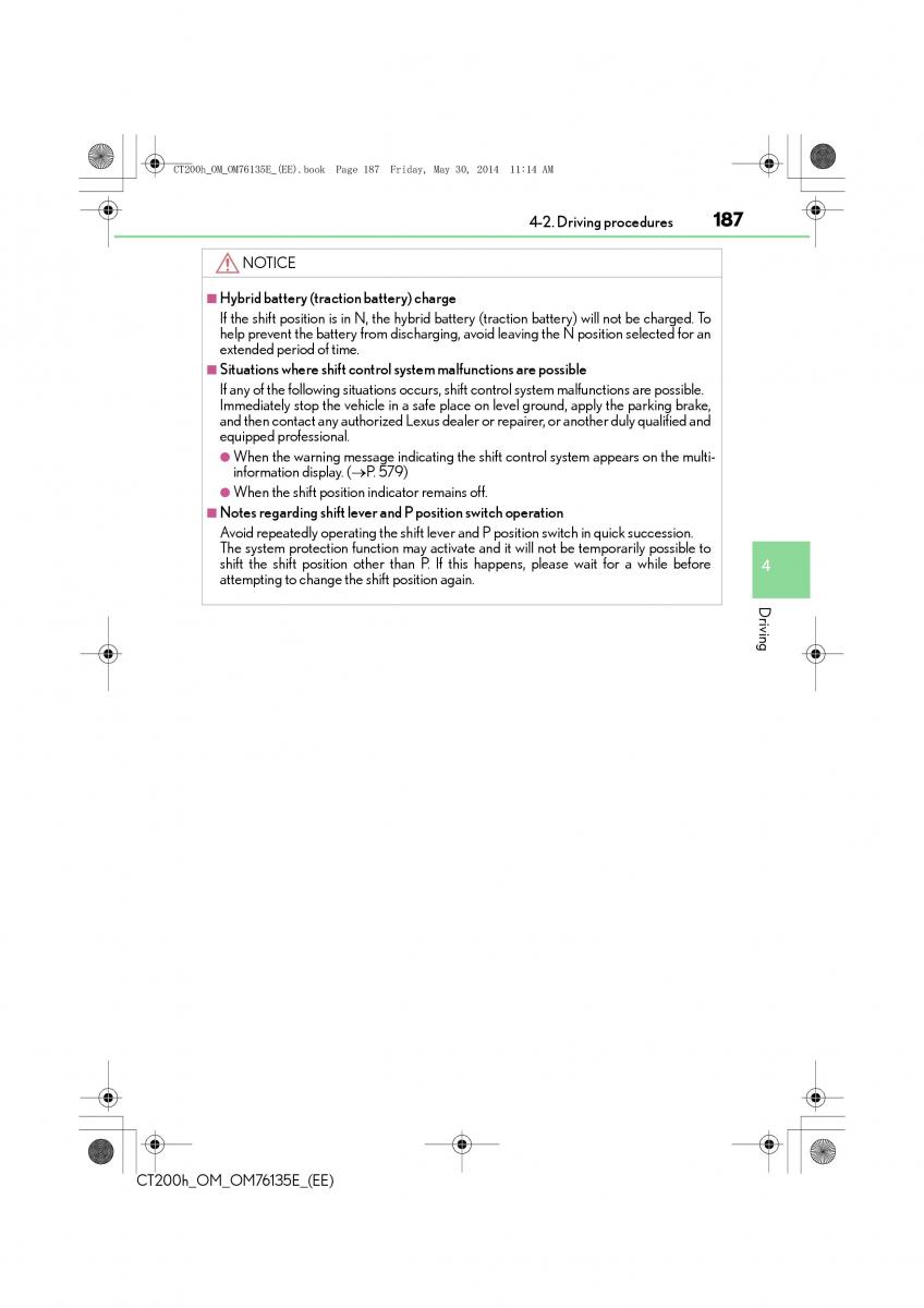 Lexus CT200h owners manual / page 187