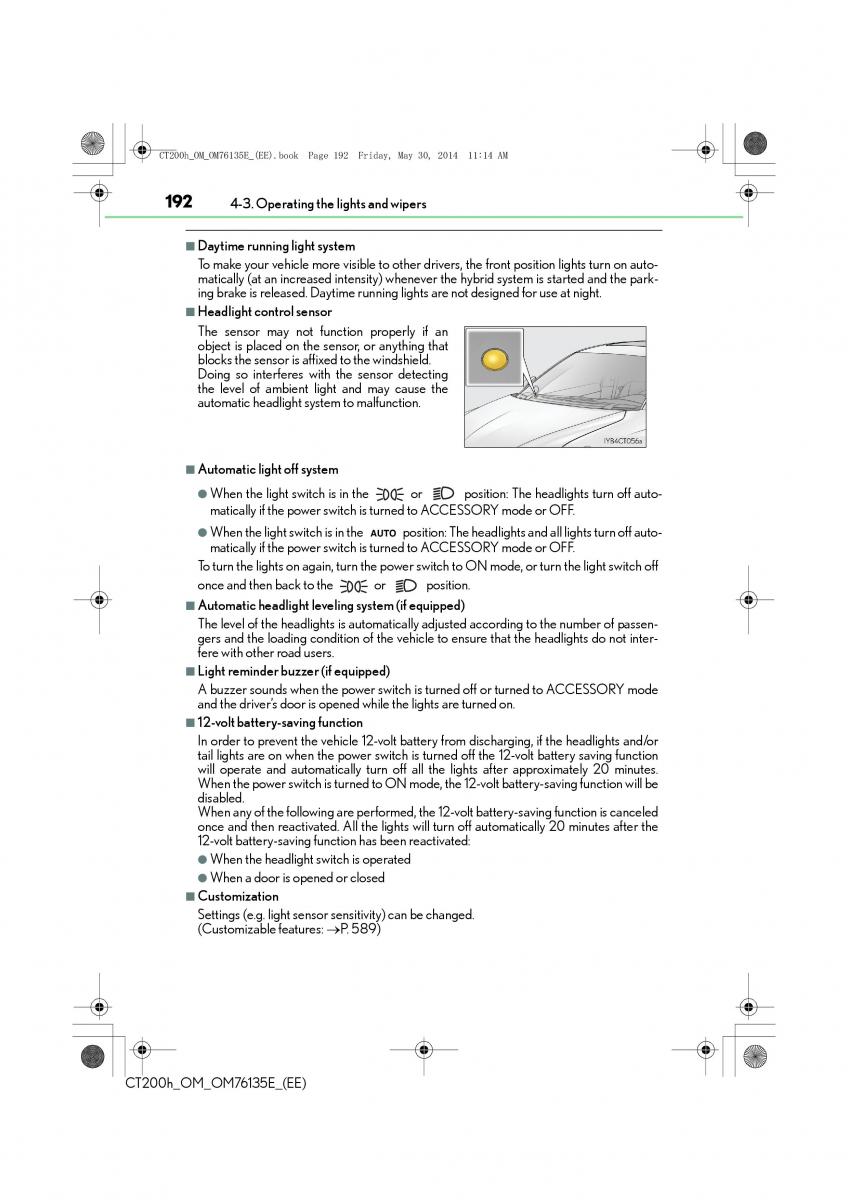 Lexus CT200h owners manual / page 192