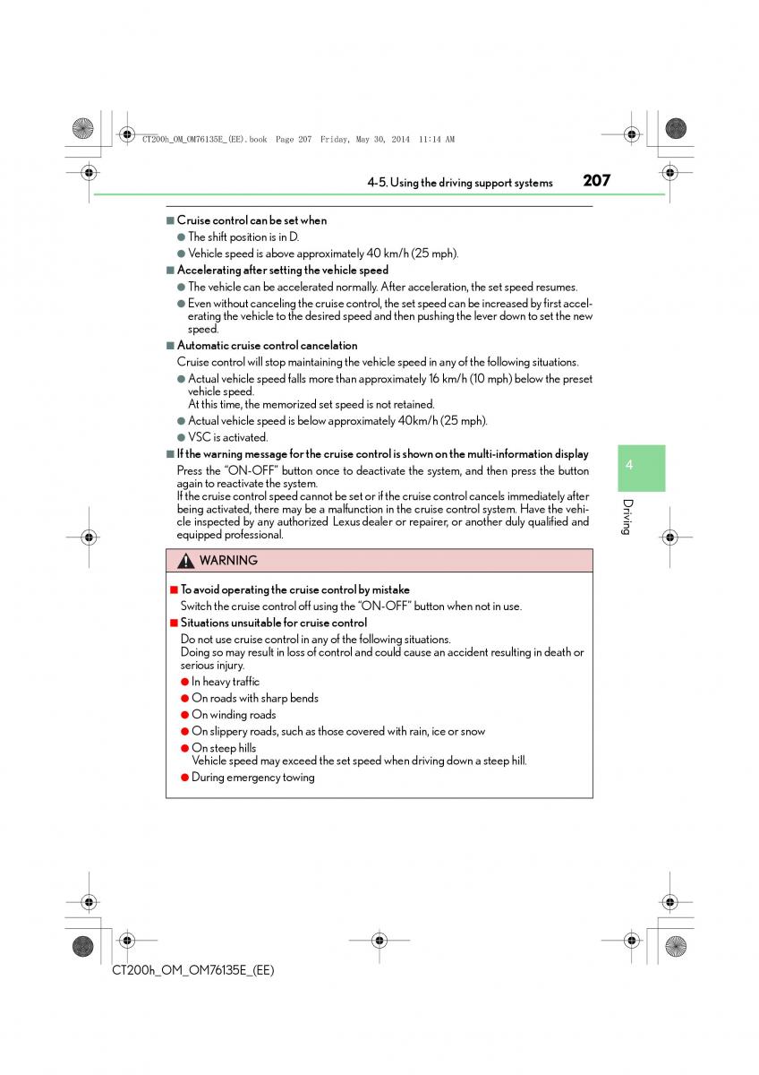 Lexus CT200h owners manual / page 207