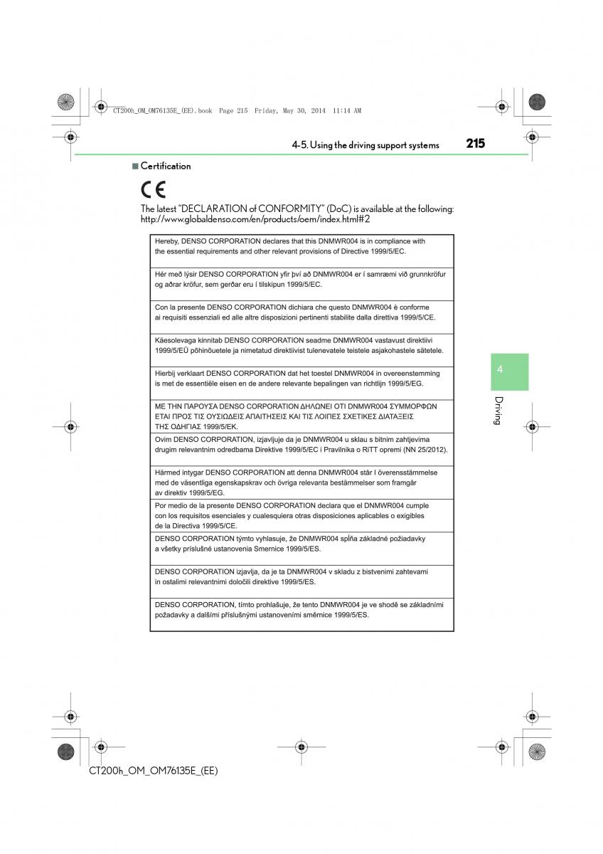 Lexus CT200h owners manual / page 215