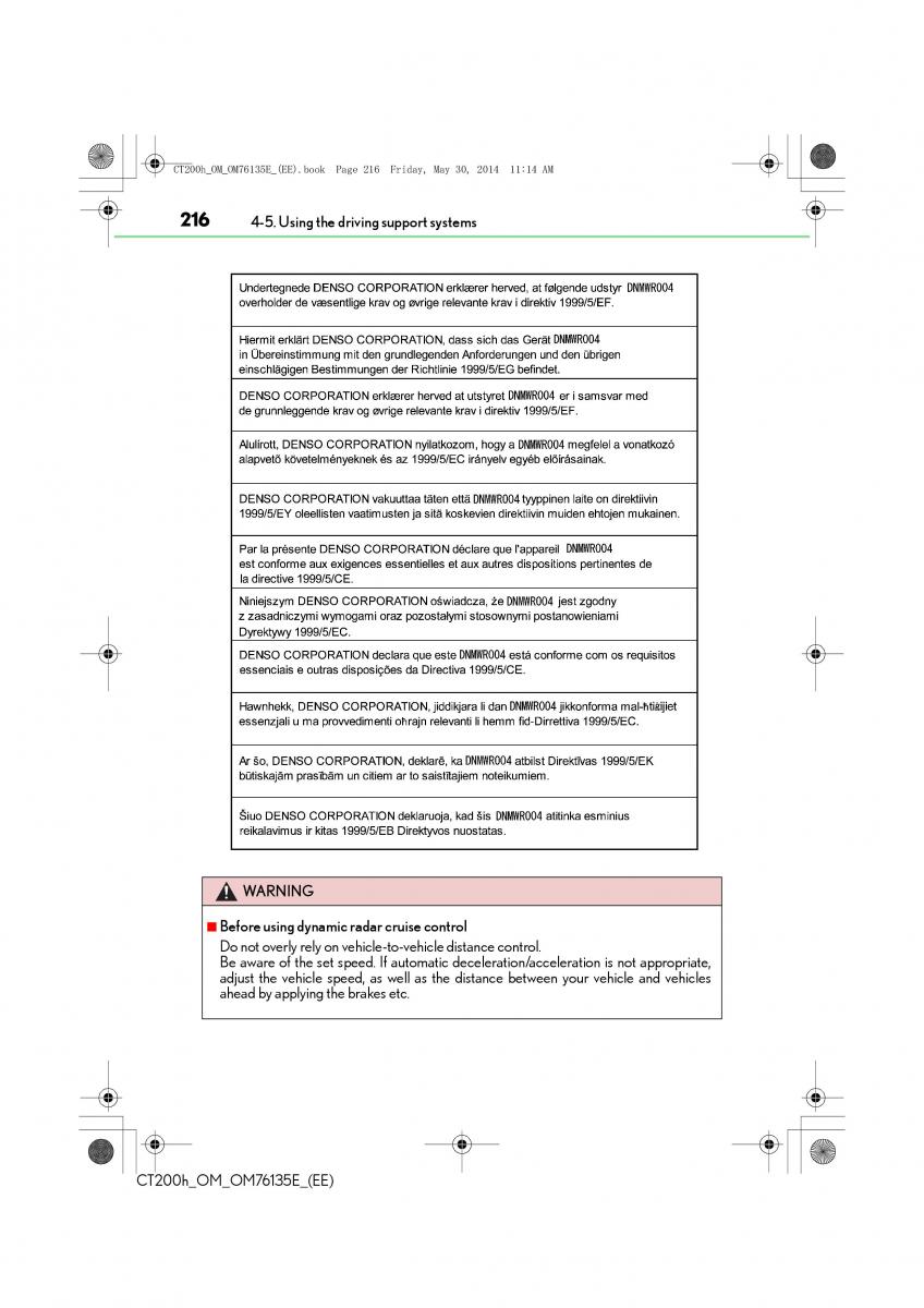 Lexus CT200h owners manual / page 216