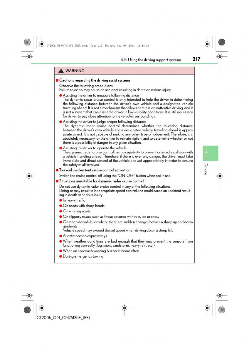 Lexus CT200h owners manual / page 217