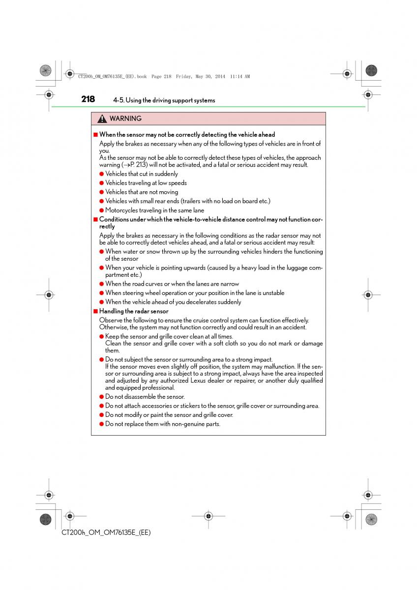 Lexus CT200h owners manual / page 218