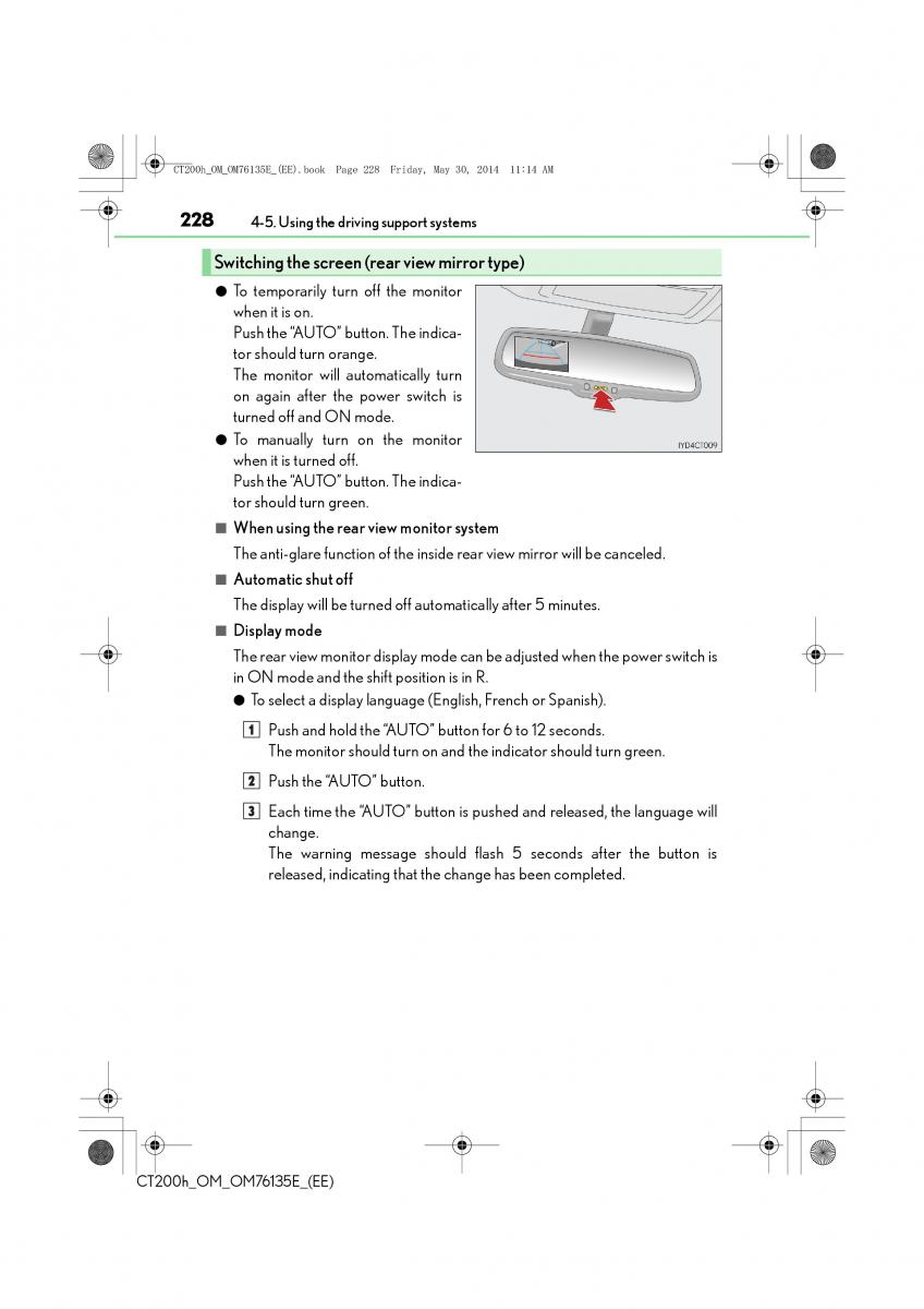 Lexus CT200h owners manual / page 228