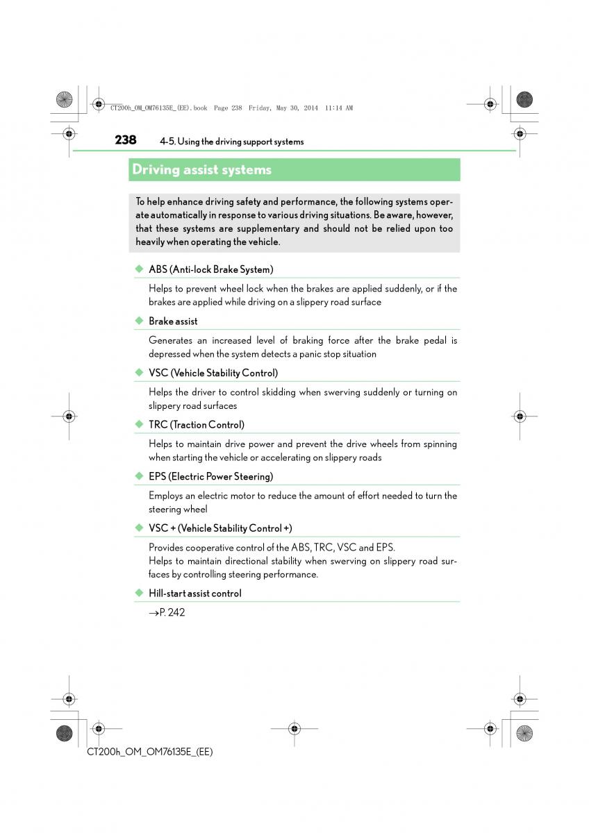 Lexus CT200h owners manual / page 238