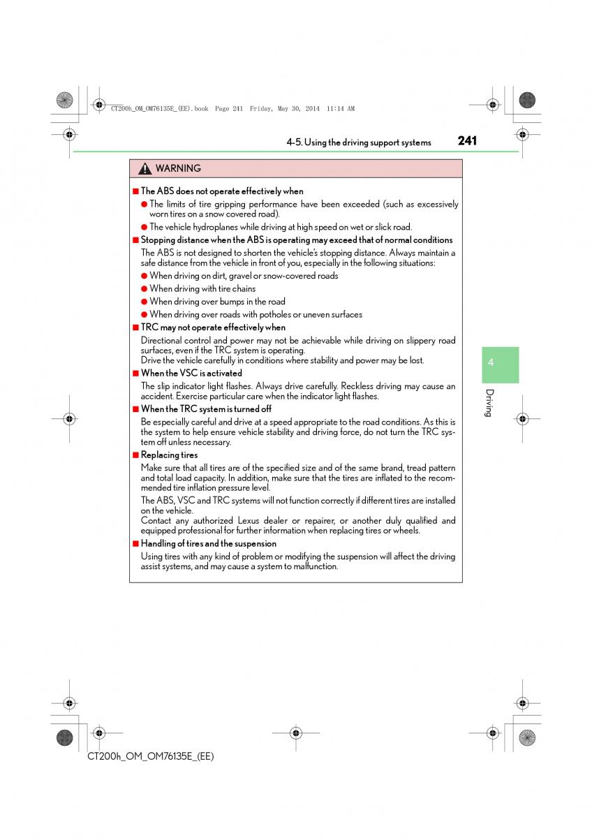 Lexus CT200h owners manual / page 241