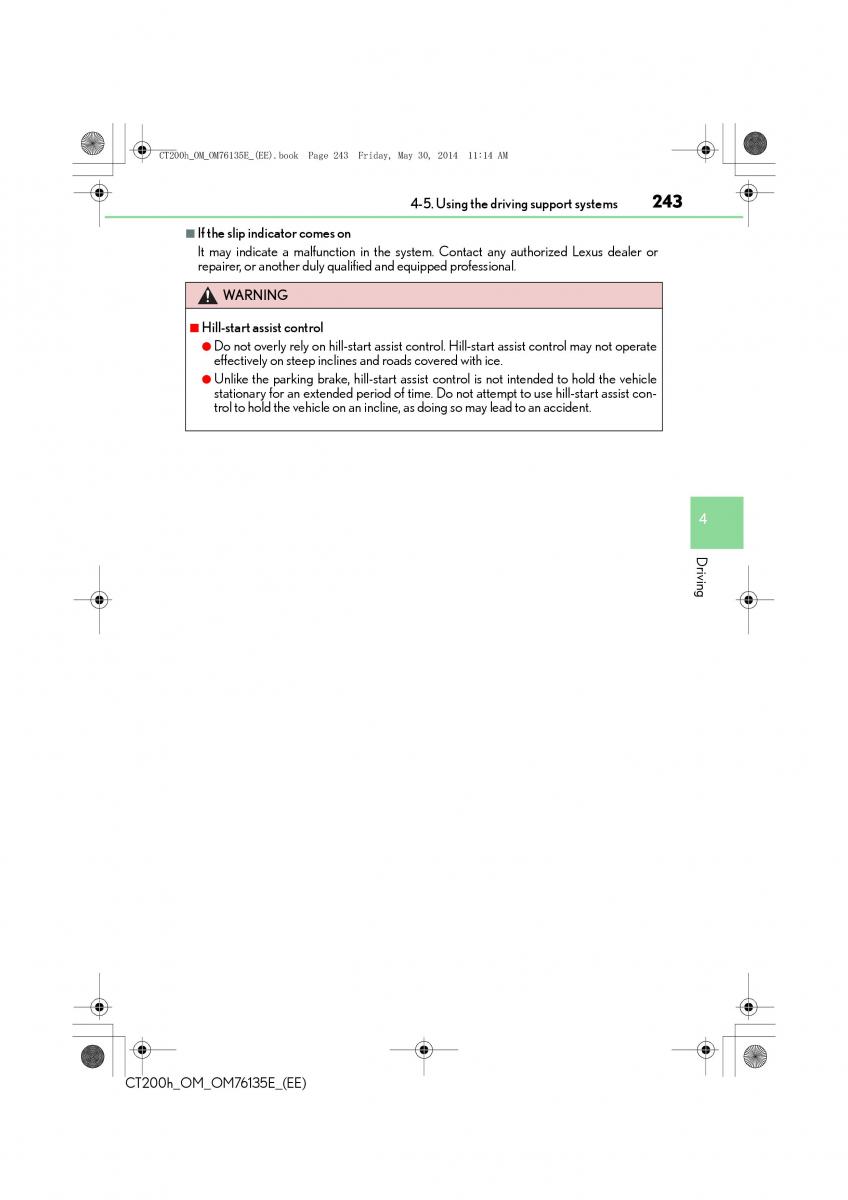 Lexus CT200h owners manual / page 243