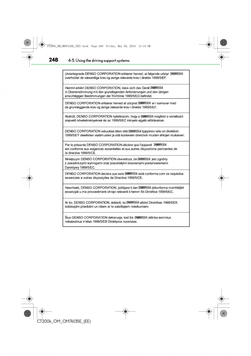 Lexus CT200h owners manual / page 248