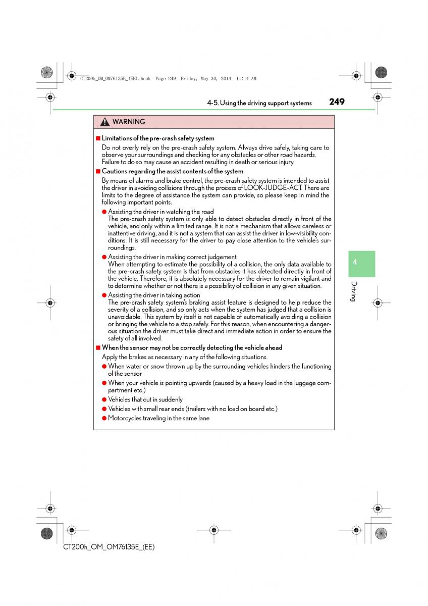 Lexus CT200h owners manual / page 249