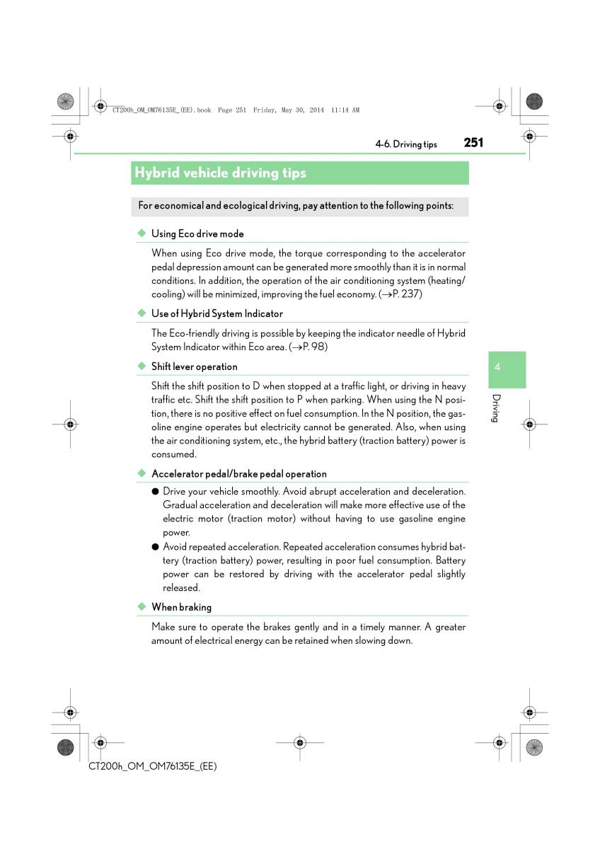 Lexus CT200h owners manual / page 251