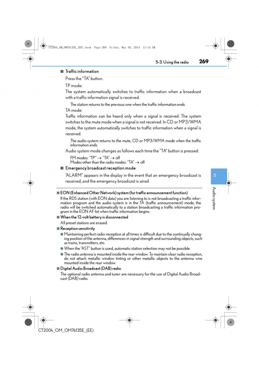 Lexus CT200h owners manual / page 269