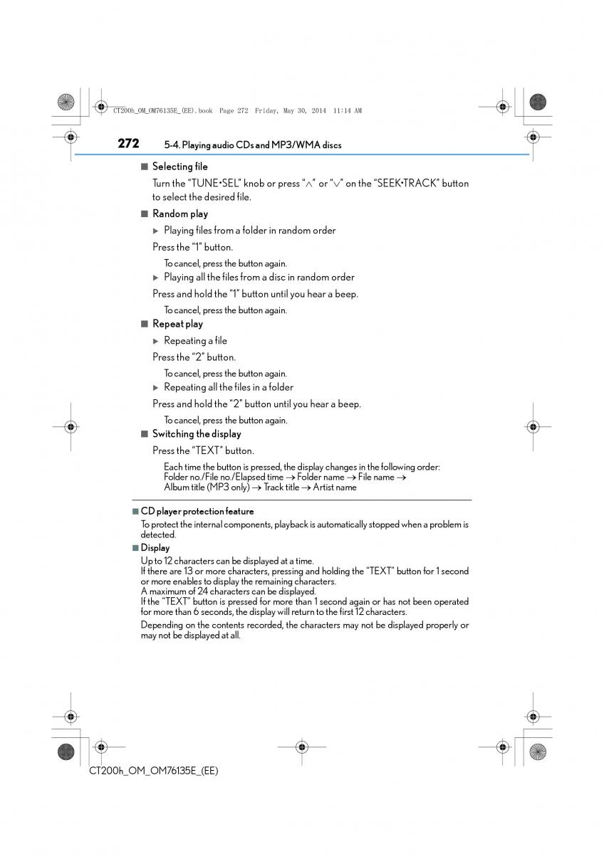 Lexus CT200h owners manual / page 272