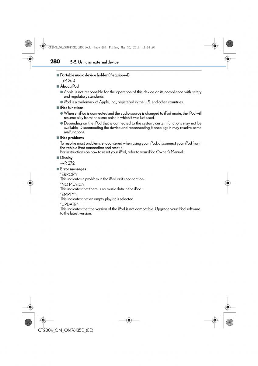 Lexus CT200h owners manual / page 280