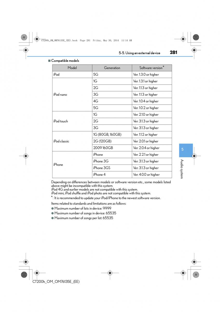 Lexus CT200h owners manual / page 281