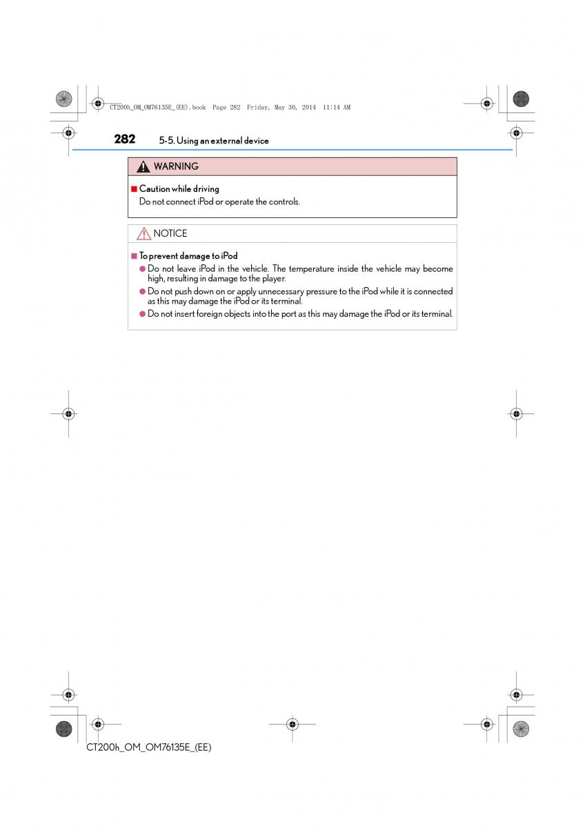 Lexus CT200h owners manual / page 282