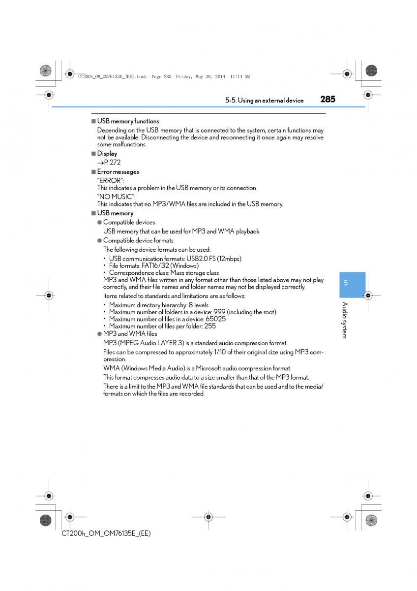 Lexus CT200h owners manual / page 285