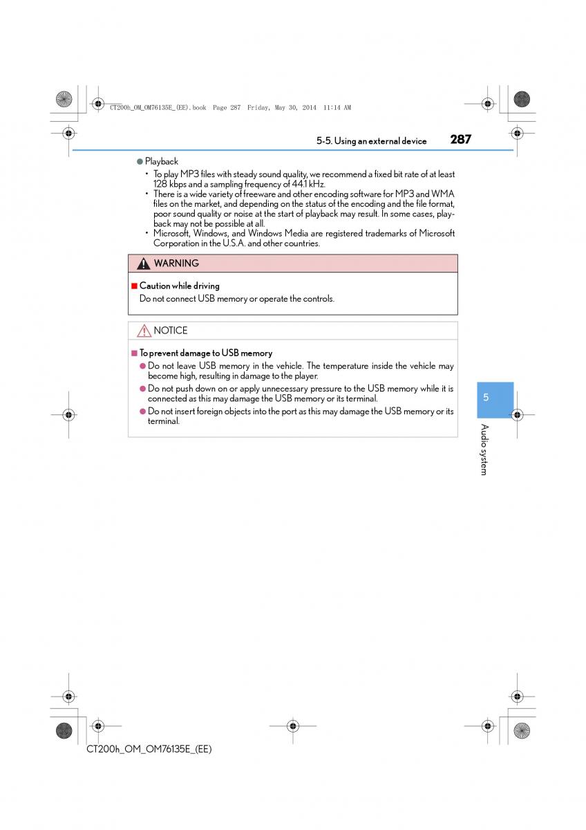 Lexus CT200h owners manual / page 287