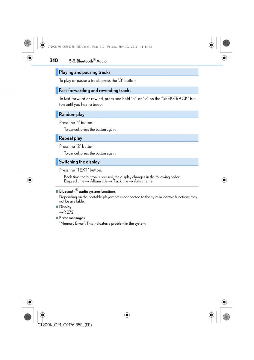 Lexus CT200h owners manual / page 310