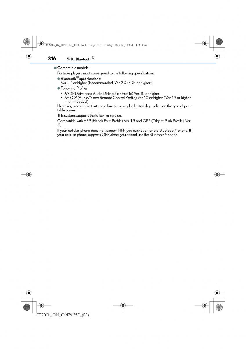 Lexus CT200h owners manual / page 316