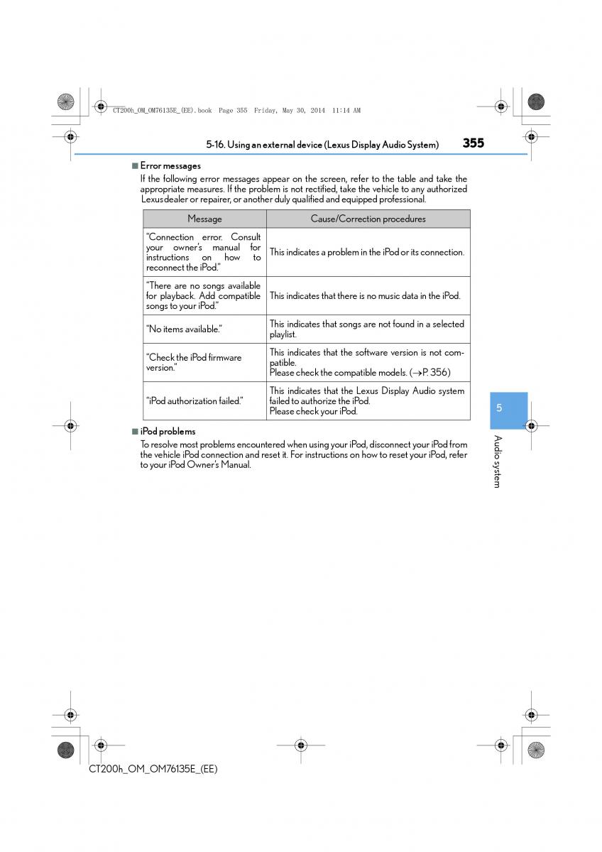 Lexus CT200h owners manual / page 355