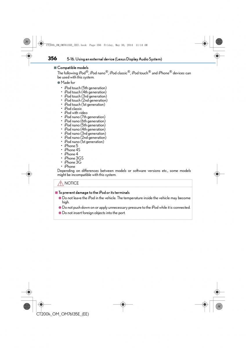 Lexus CT200h owners manual / page 356