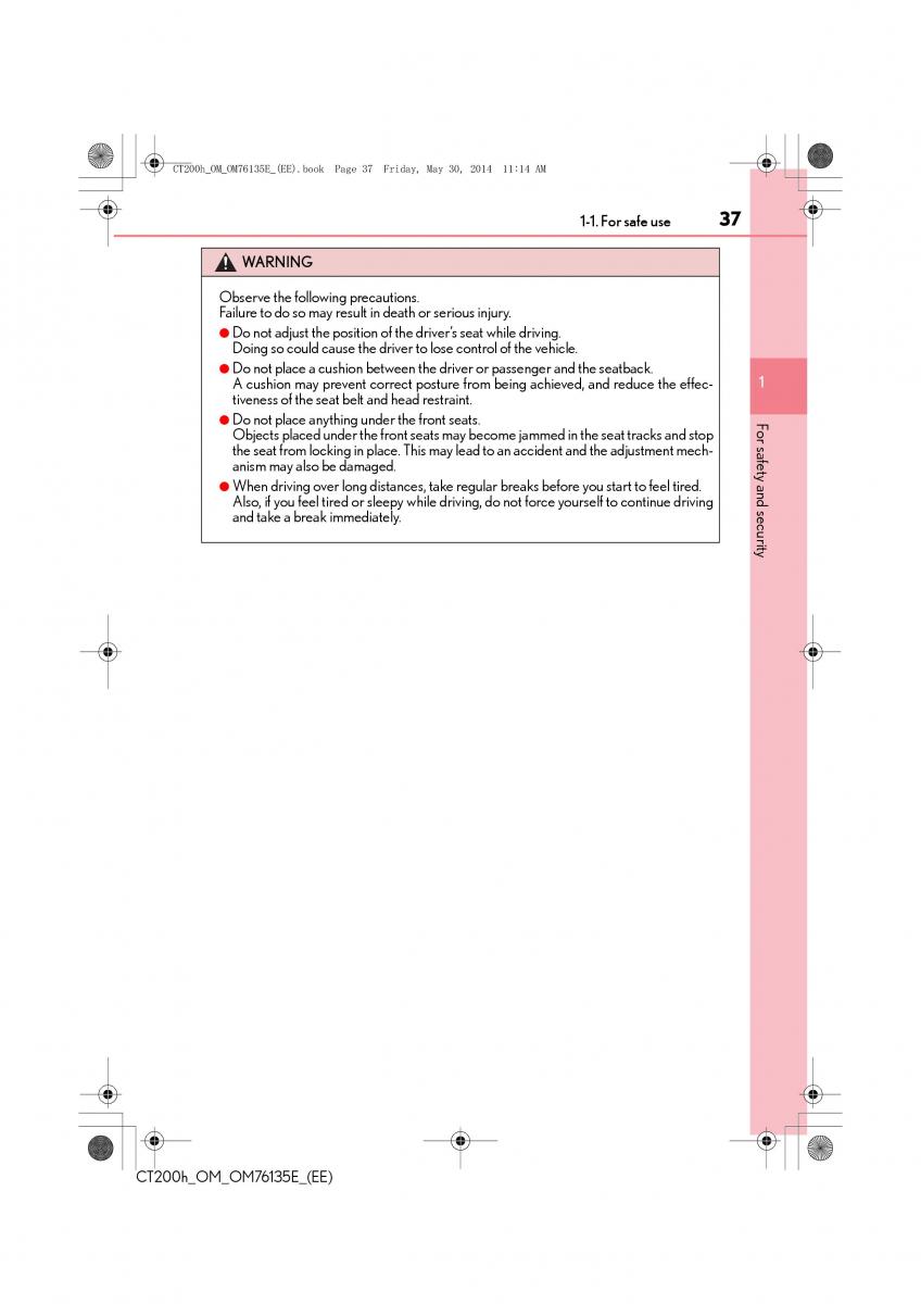 Lexus CT200h owners manual / page 37