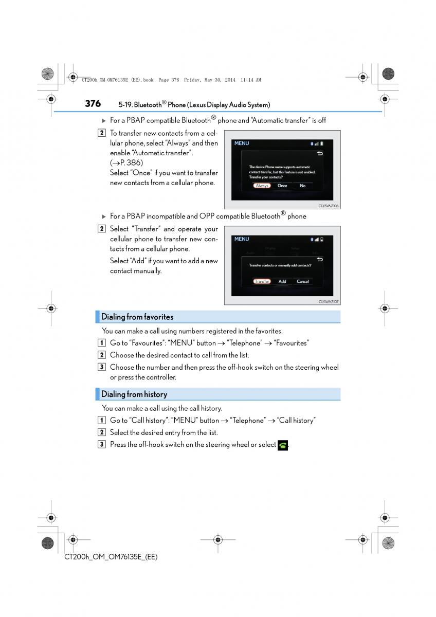 Lexus CT200h owners manual / page 376