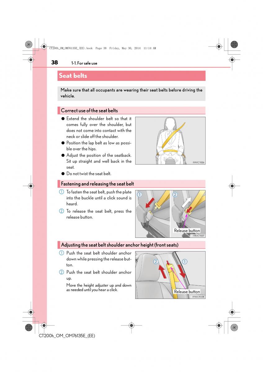 Lexus CT200h owners manual / page 38