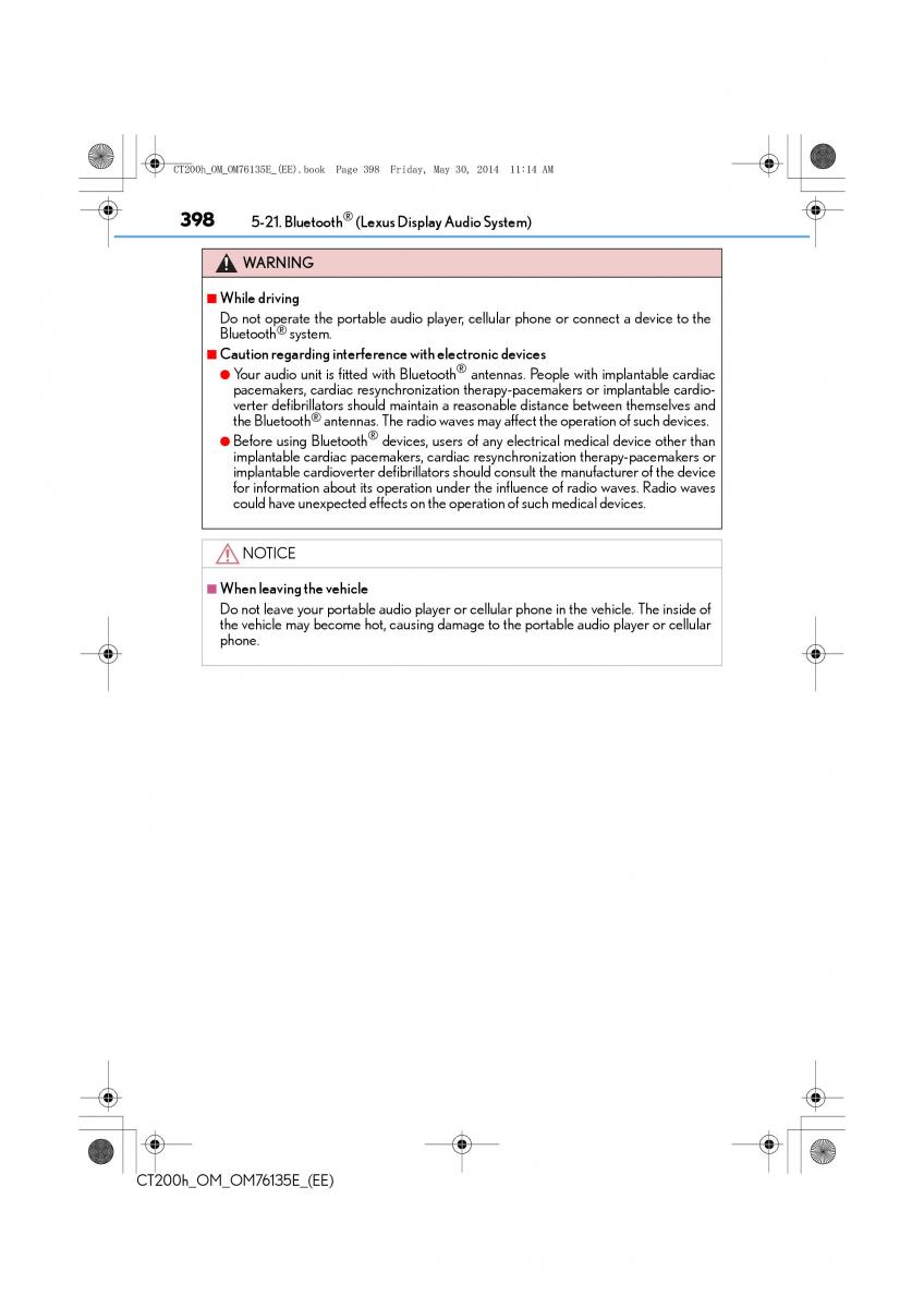 Lexus CT200h owners manual / page 398