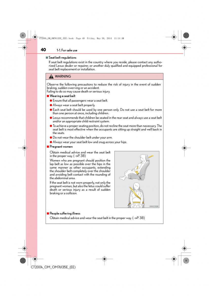 Lexus CT200h owners manual / page 40