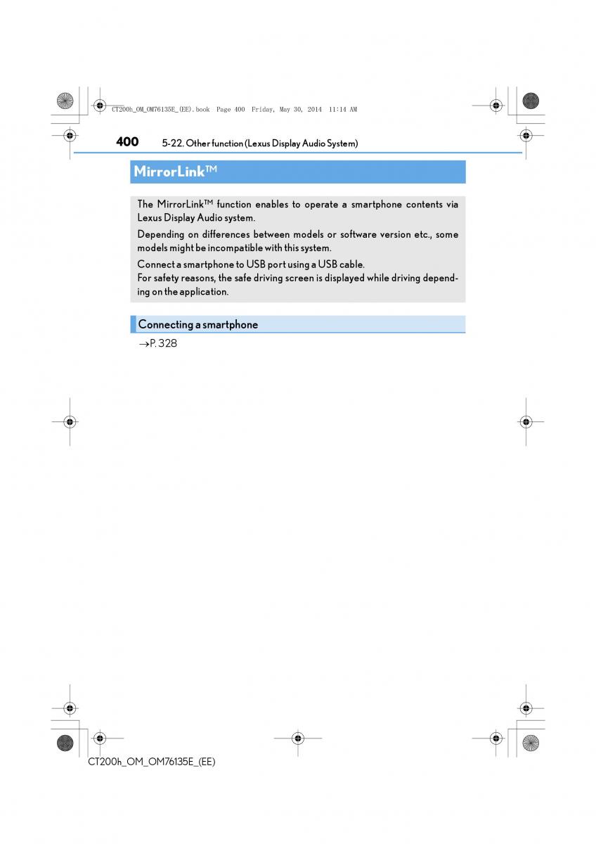 Lexus CT200h owners manual / page 400