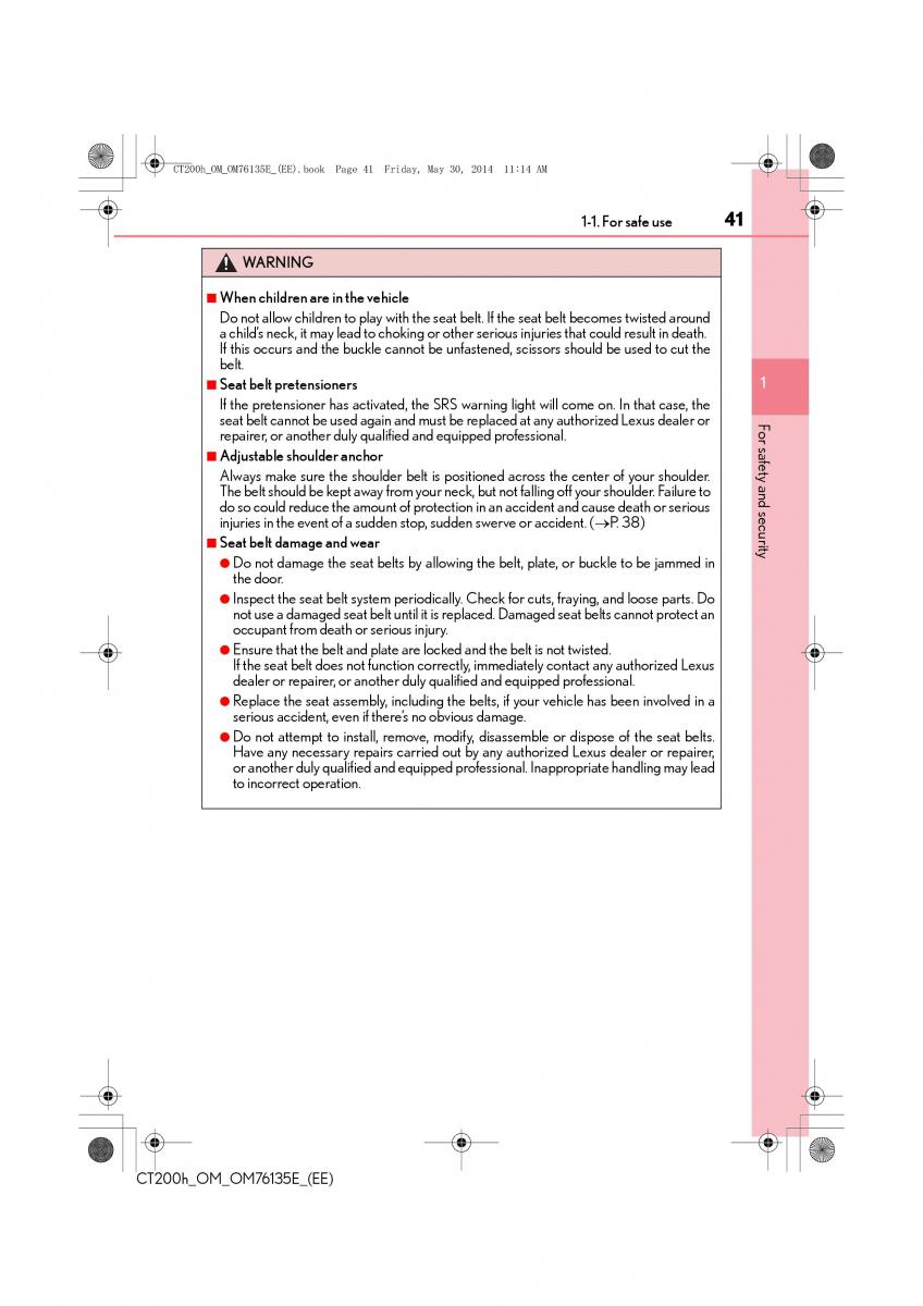 Lexus CT200h owners manual / page 41