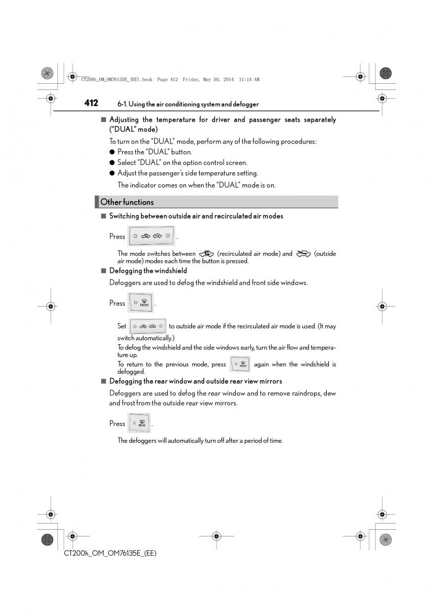 Lexus CT200h owners manual / page 412