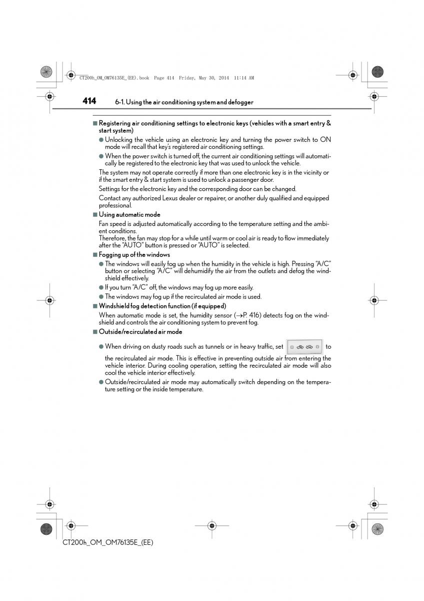 Lexus CT200h owners manual / page 414