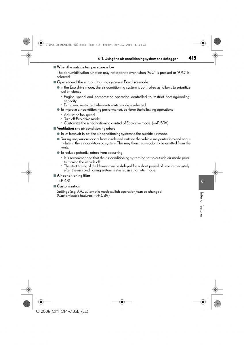 Lexus CT200h owners manual / page 415