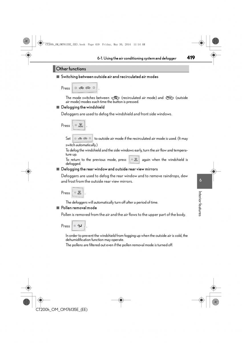 Lexus CT200h owners manual / page 419