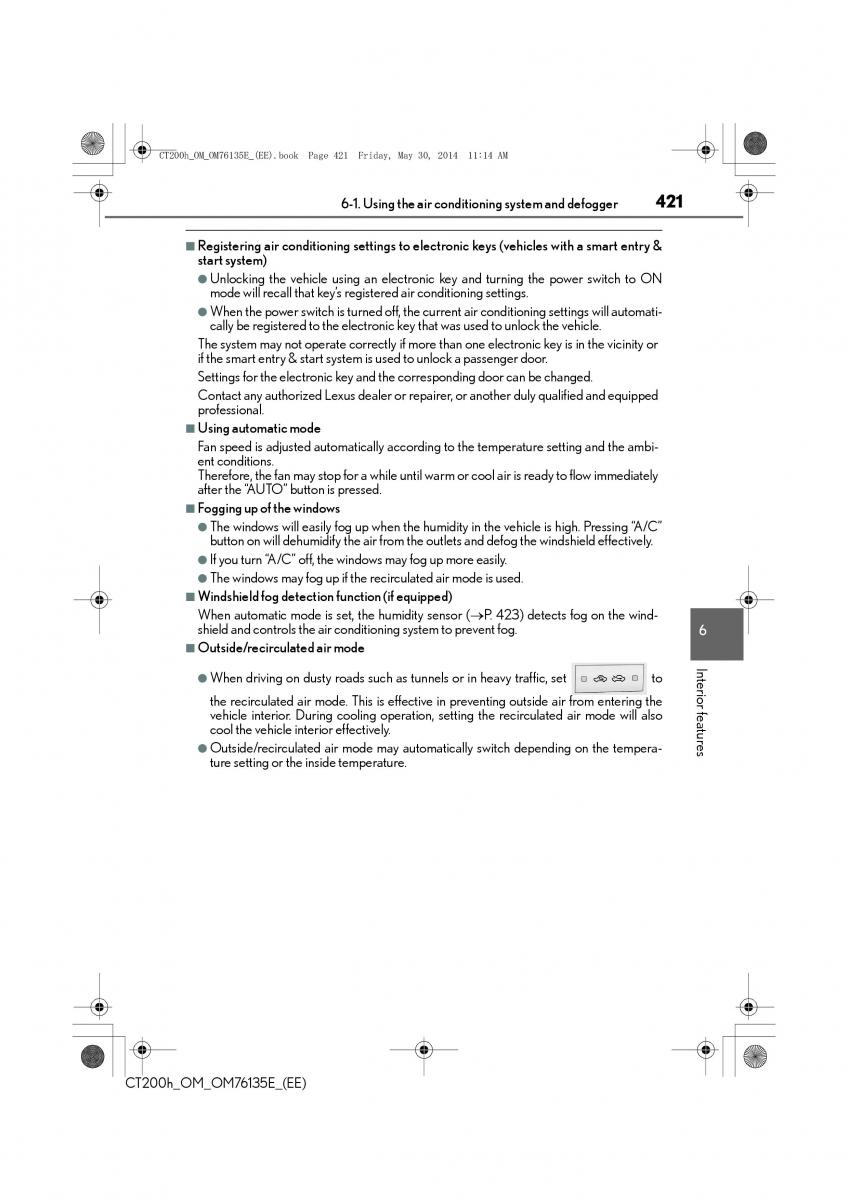 Lexus CT200h owners manual / page 421