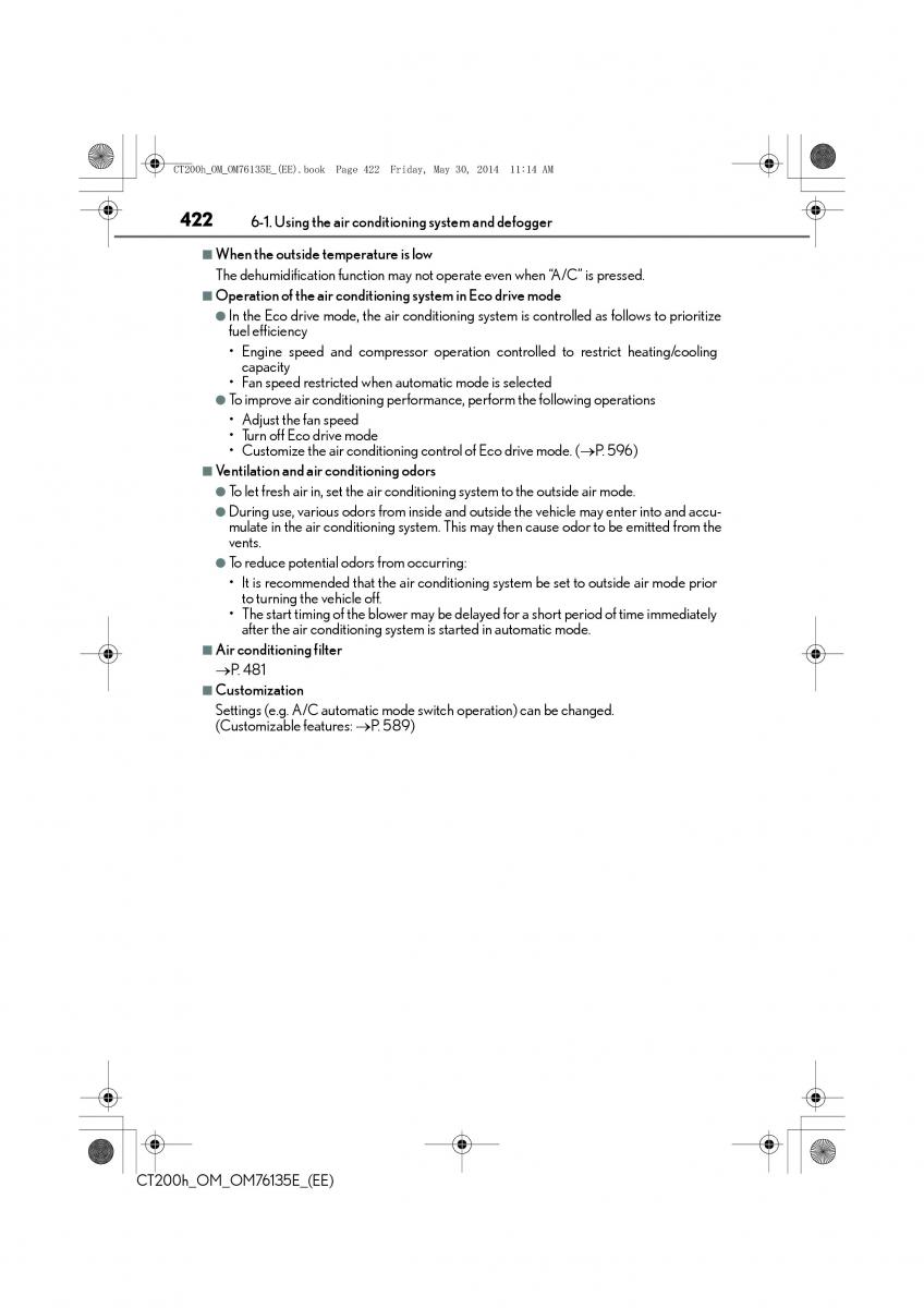 Lexus CT200h owners manual / page 422