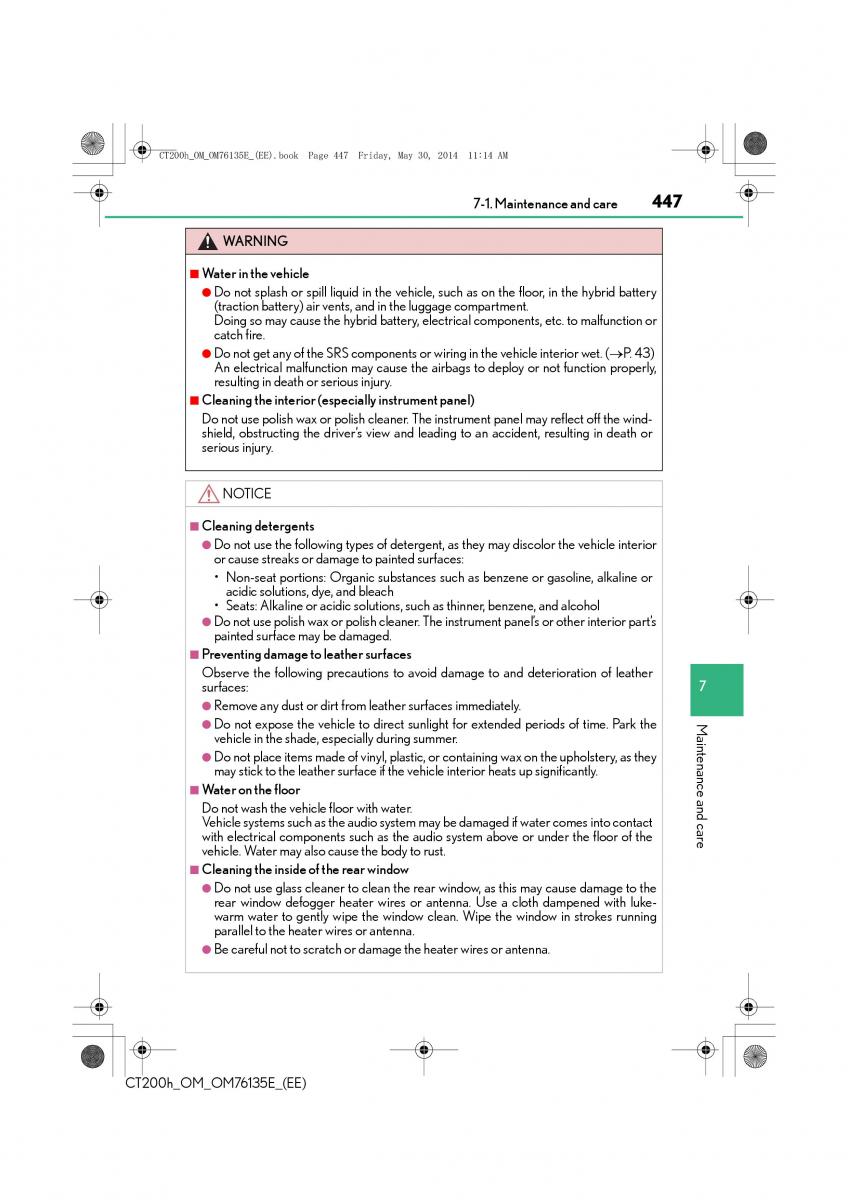 Lexus CT200h owners manual / page 447