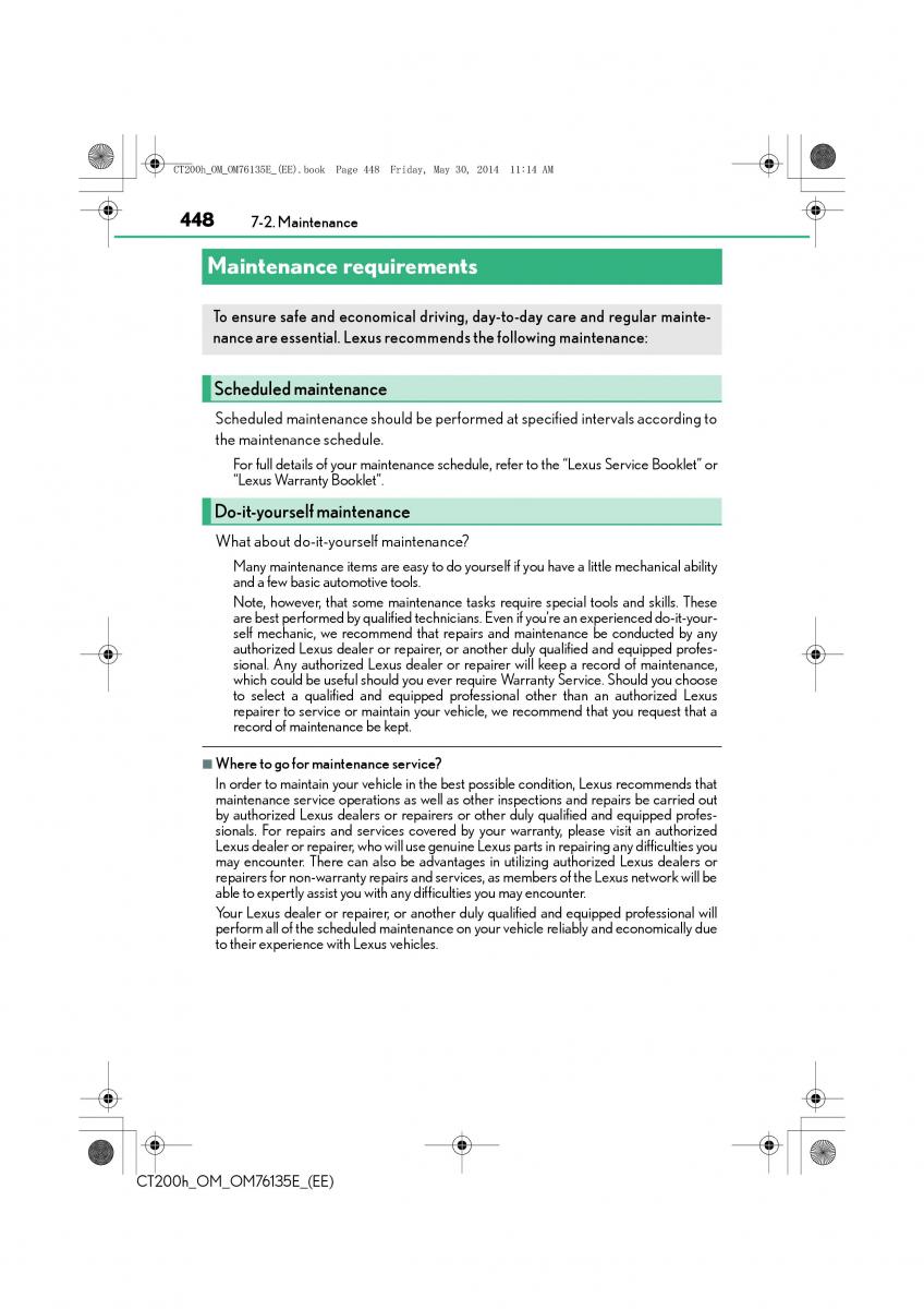 Lexus CT200h owners manual / page 448