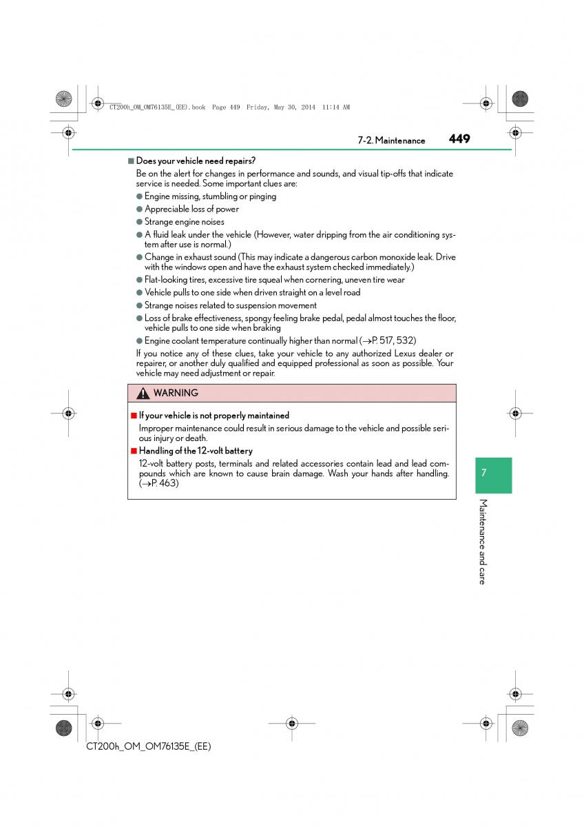 Lexus CT200h owners manual / page 449