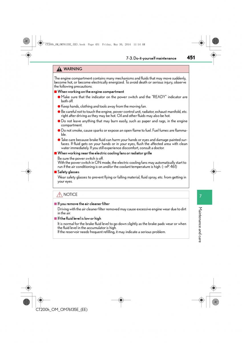 Lexus CT200h owners manual / page 451