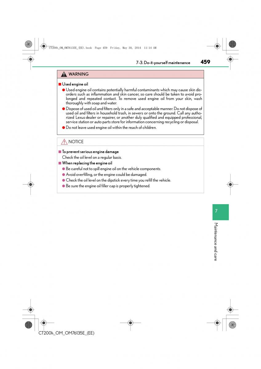 Lexus CT200h owners manual / page 459