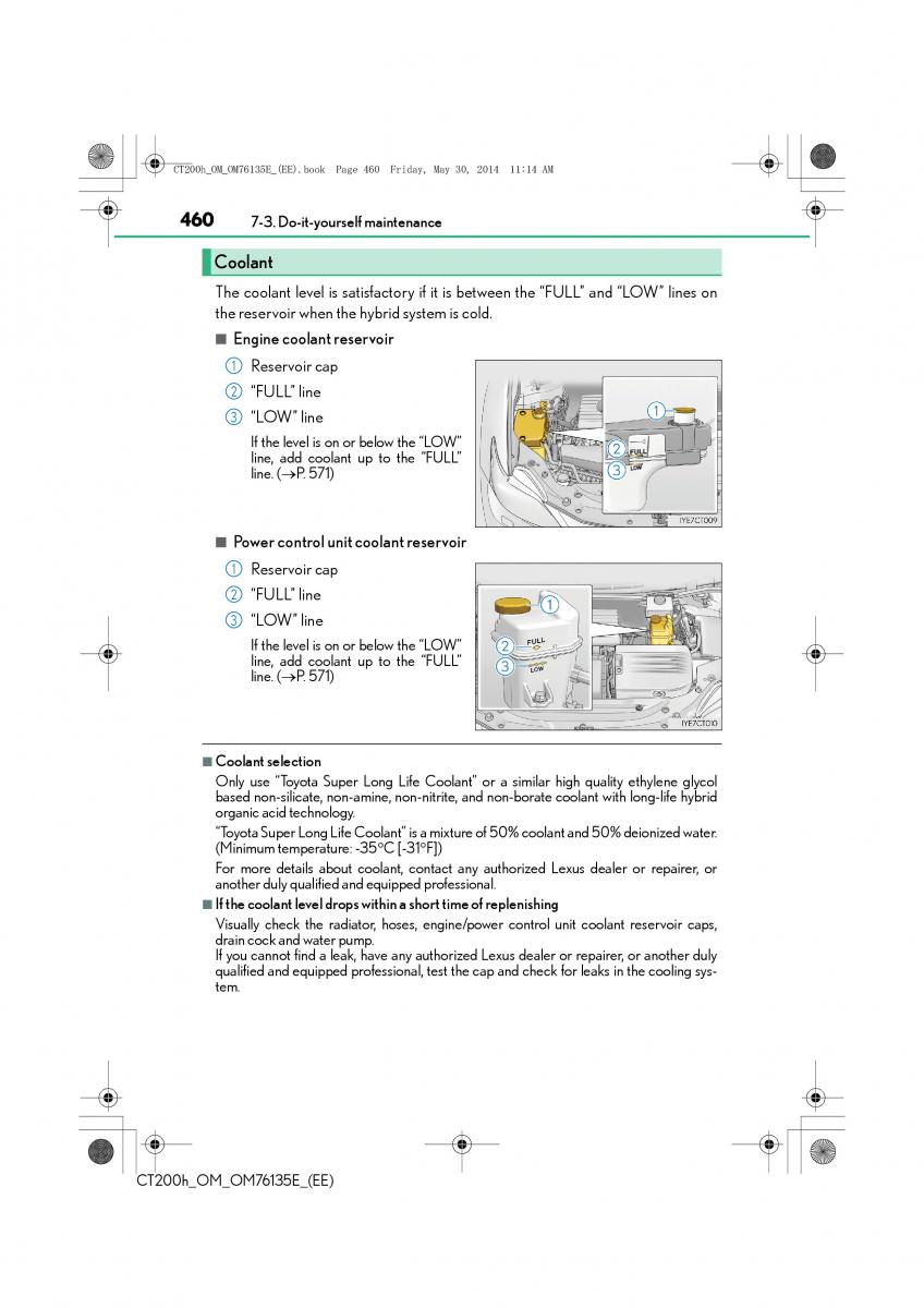 Lexus CT200h owners manual / page 460