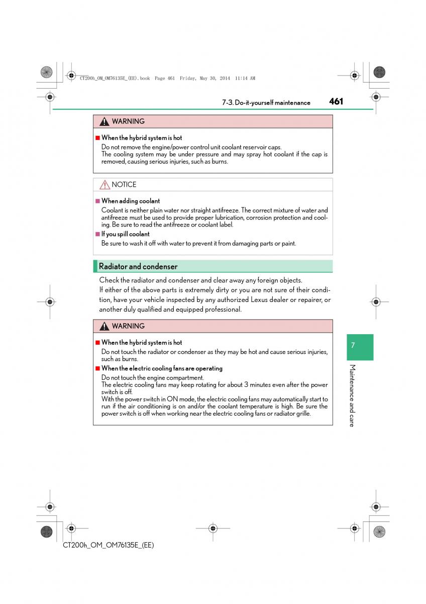 Lexus CT200h owners manual / page 461