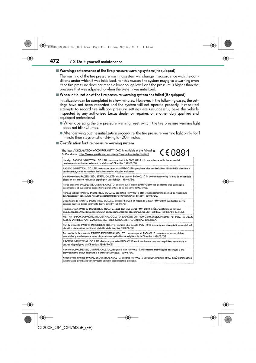 Lexus CT200h owners manual / page 472