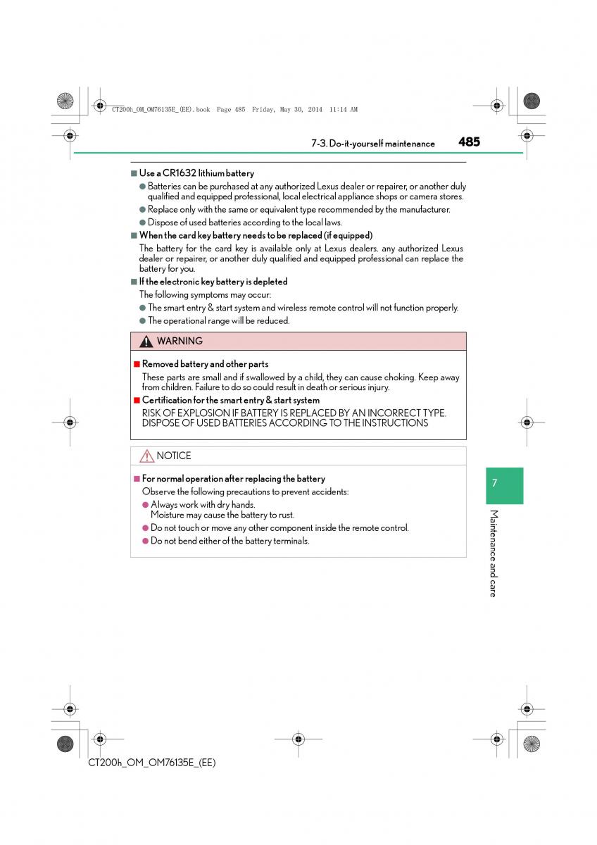 Lexus CT200h owners manual / page 485