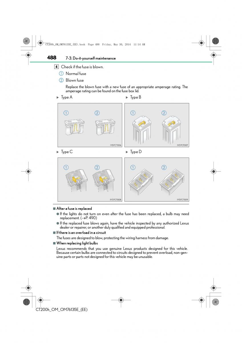 Lexus CT200h owners manual / page 488