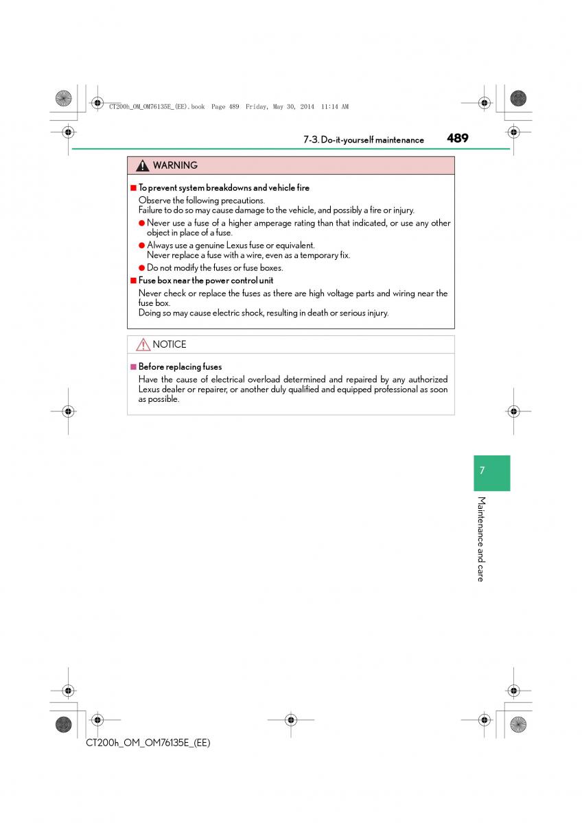 Lexus CT200h owners manual / page 489