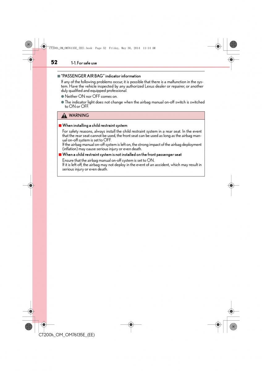 Lexus CT200h owners manual / page 52